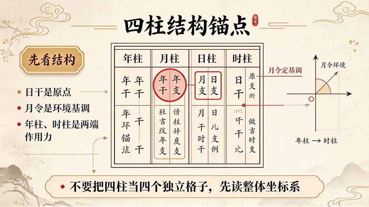 日主锚点”，月支处标“月令定基调”