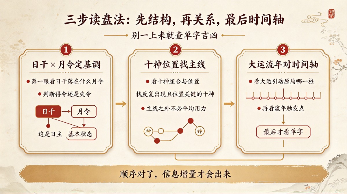 子平四柱八字排盘结果怎么看？先看结构再看字，三步读盘简单易懂
